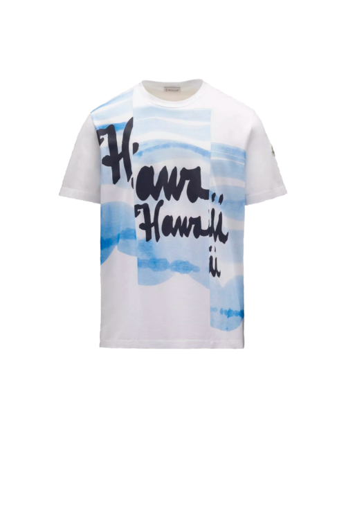 Tee-Shirt Blanc Motif Graphique en jersey de coton, cracatérisé par un imprimé inspiré des escapades sous les tropiques avec un lettrage Hawaii bleu imprimé à l’eau. 