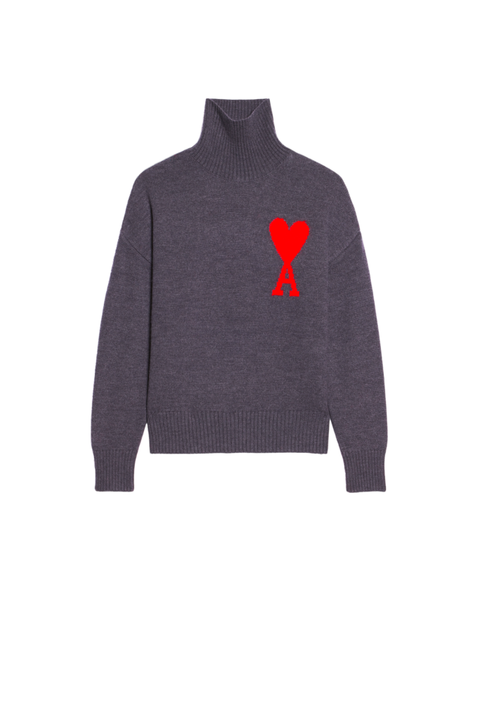 Pull Col Cheminée Gris Coeur Ami Rouge