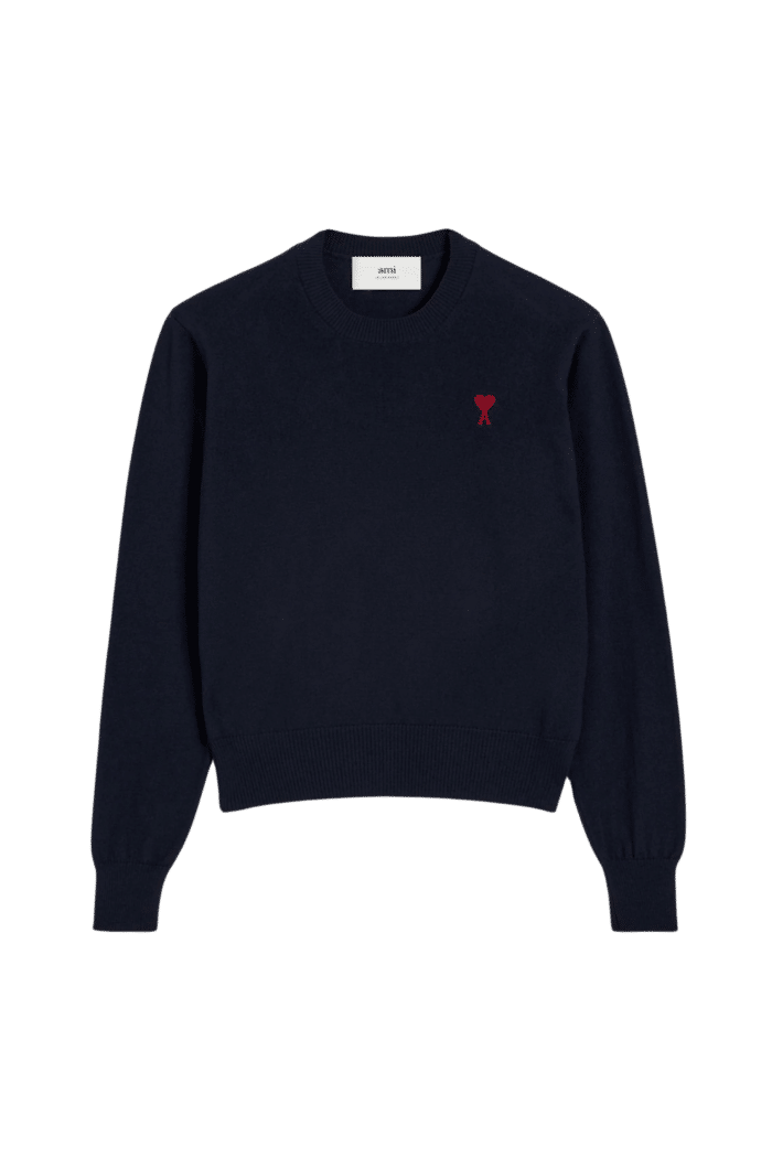 Pull Col Rond Bleu Petit Cœur Rouge