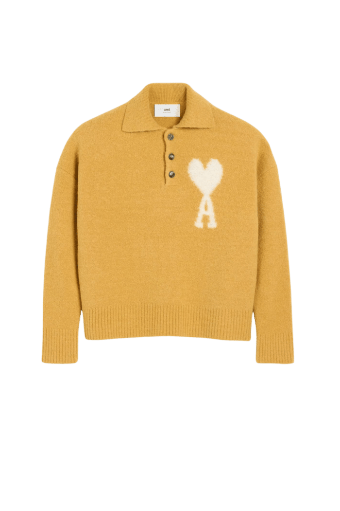 Pull Col Polo Alpaga Moutarde Cœur Écru