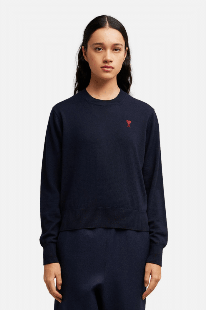 Pull Col Rond Bleu Petit Cœur Rouge