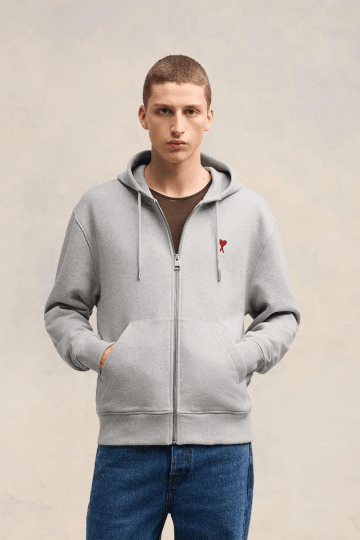 Hoodie Zippé Gris Chiné Cœur Rouge