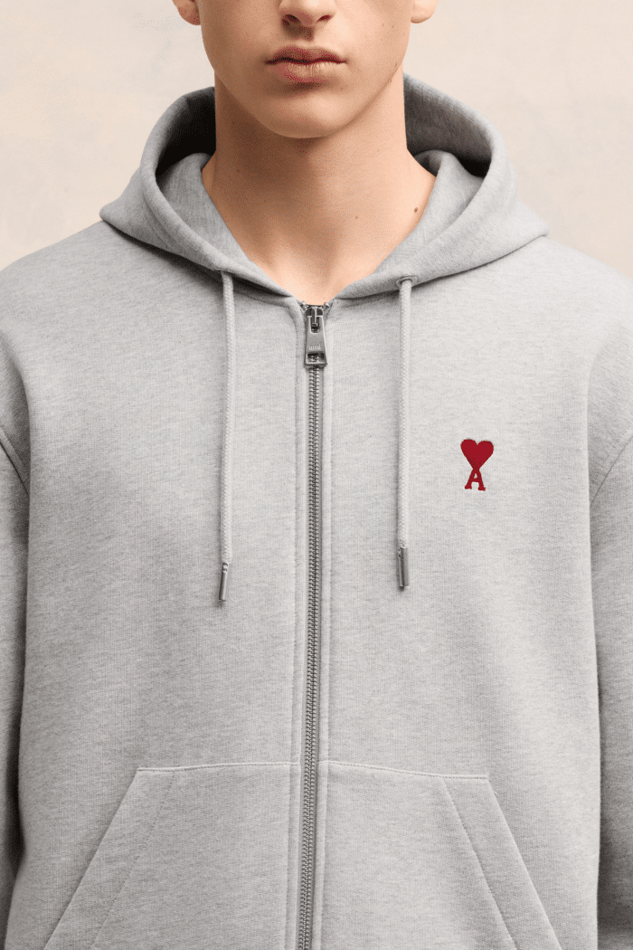 Hoodie Zippé Gris Chiné Cœur Rouge