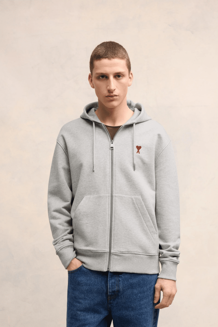 Hoodie Zippé Gris Chiné Cœur Rouge