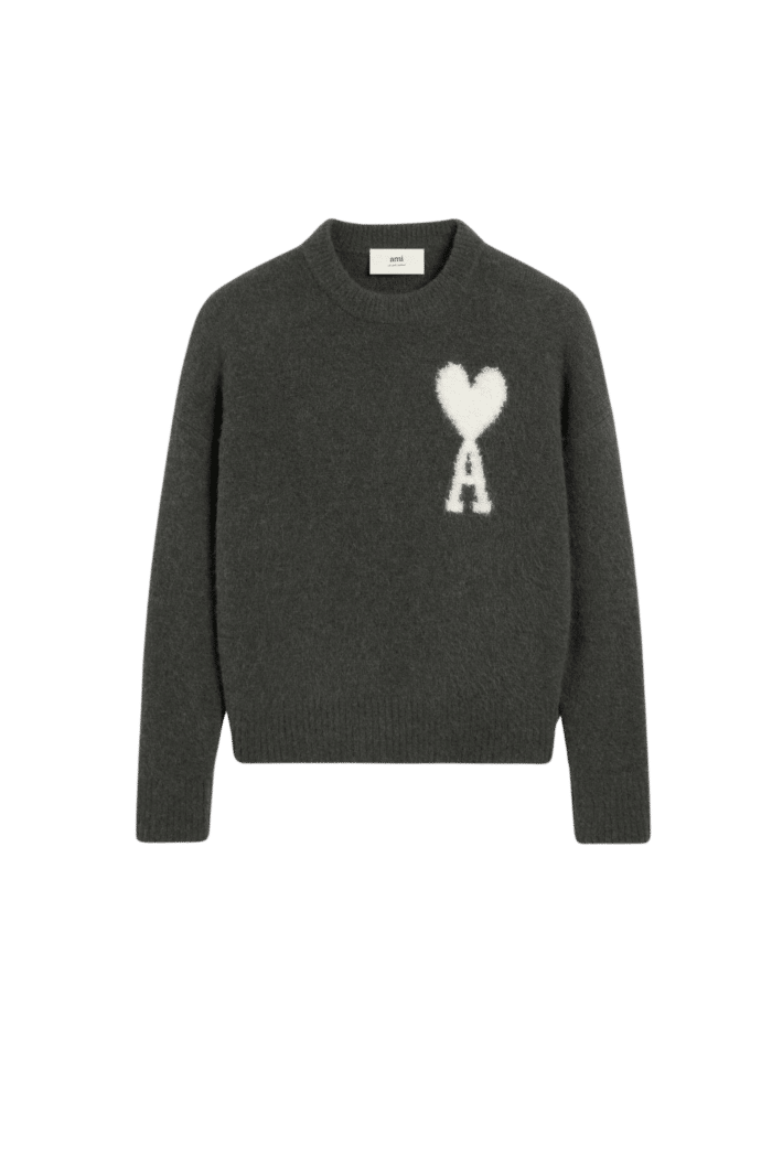 Pull Col Rond Gris Foncé Cœur Écru