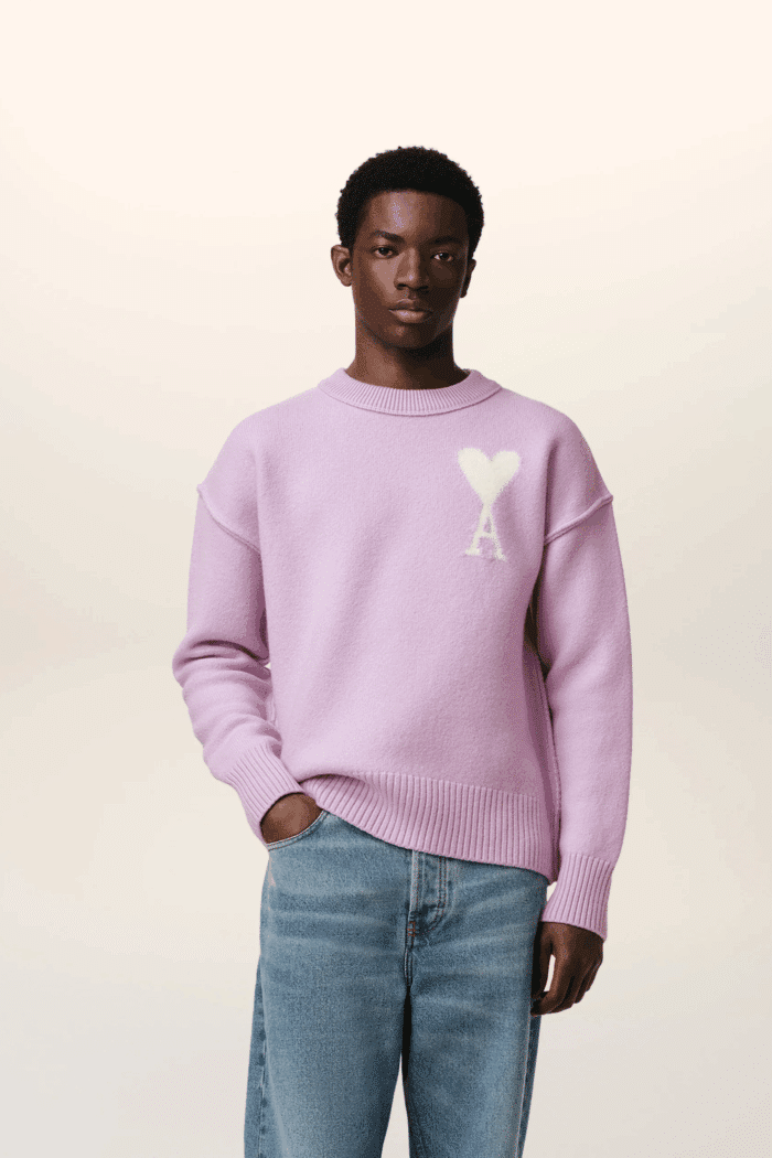 Pull Col Rond Lilas Cœur Écru