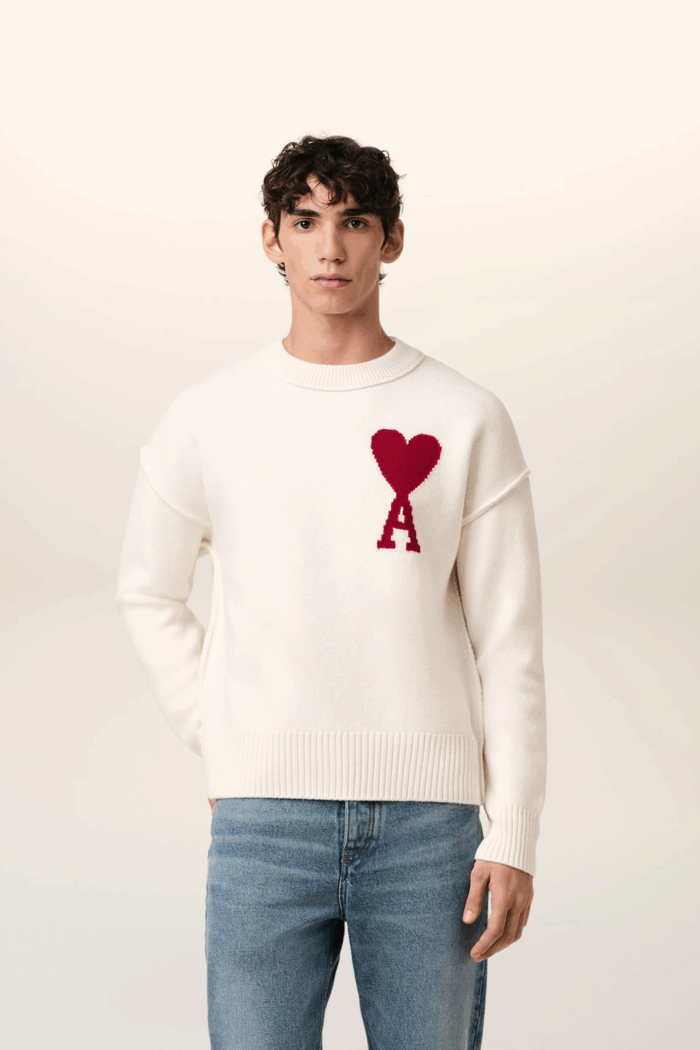Pull Laine Ecru Cœur Rouge