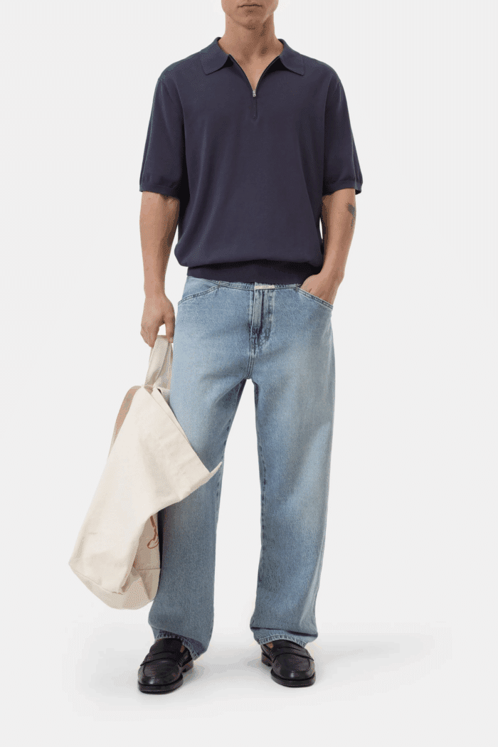 Polo Zippé Coton Bleu Fumé