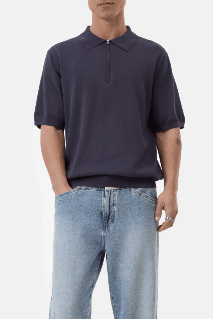 Polo Zippé Coton Bleu Fumé