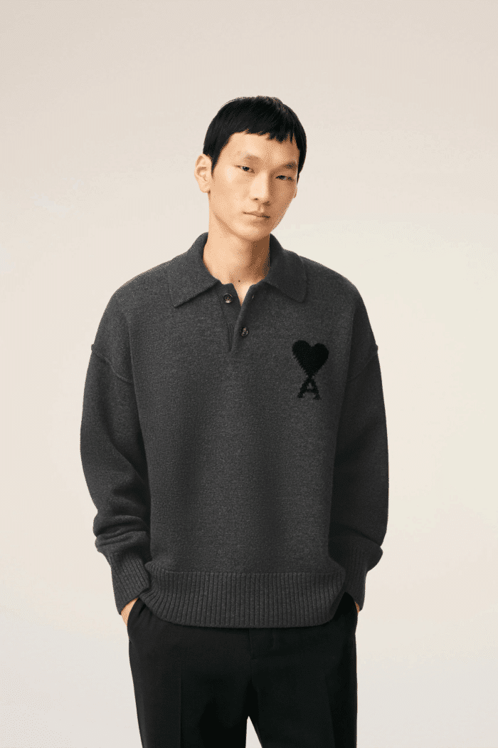 Pull Col Polo Gris Cœur Noir