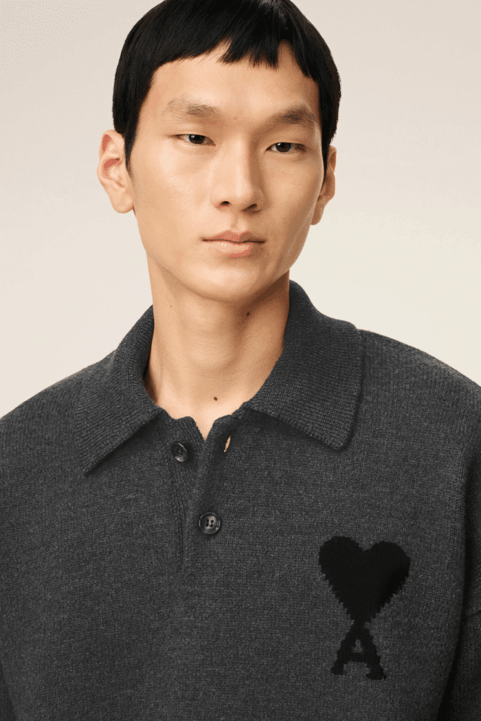 Pull Col Polo Gris Cœur Noir
