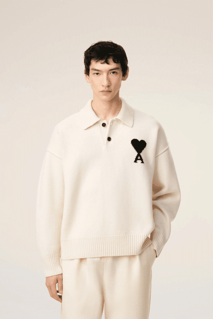 Pull Col Polo Ecru Cœur Noir
