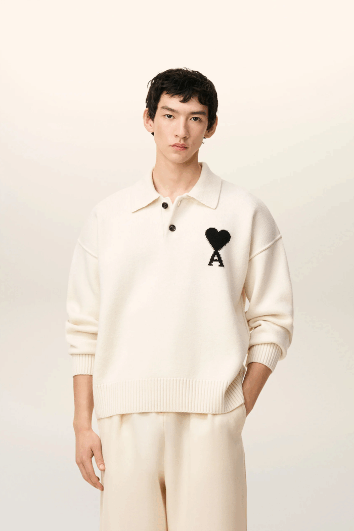 Pull Col Polo Ecru Cœur Noir