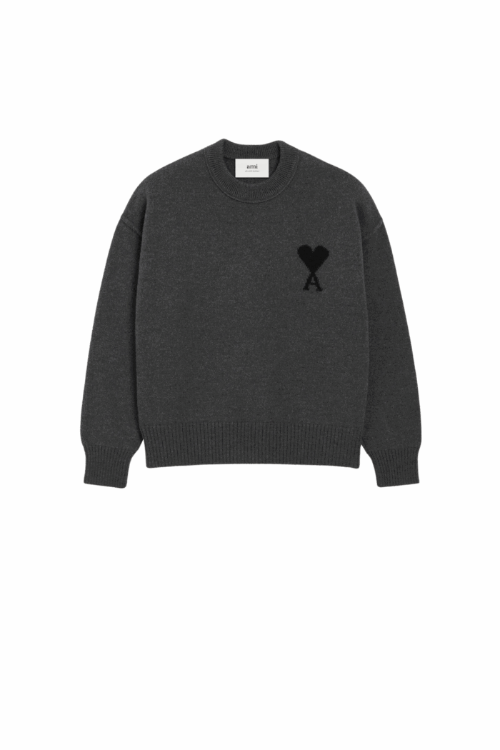 Pull Col Rond Gris Foncé Cœur Noir