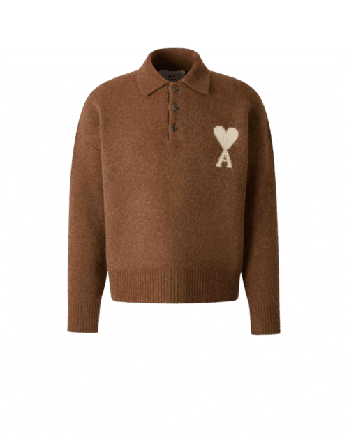 Pull Col Polo Laine Noisette Cœur Écru