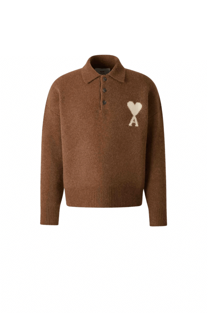 Pull Col Polo Laine Noisette Cœur Écru
