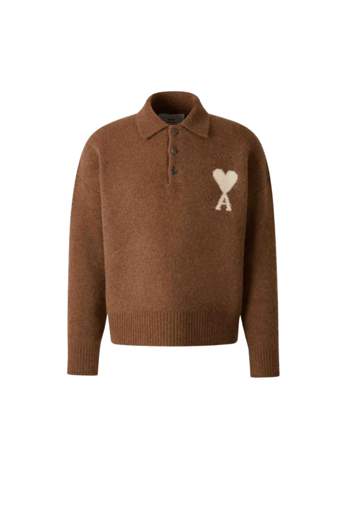 Pull Col Polo Laine Noisette Cœur Écru