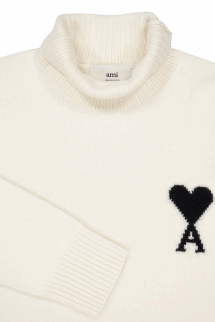 Pull Col Roulé Laine Écru Cœur Noir