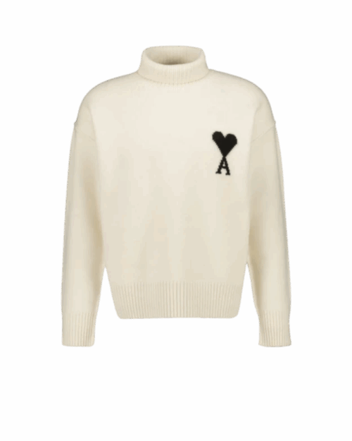 Pull Col Roulé Laine Écru Cœur Noir
