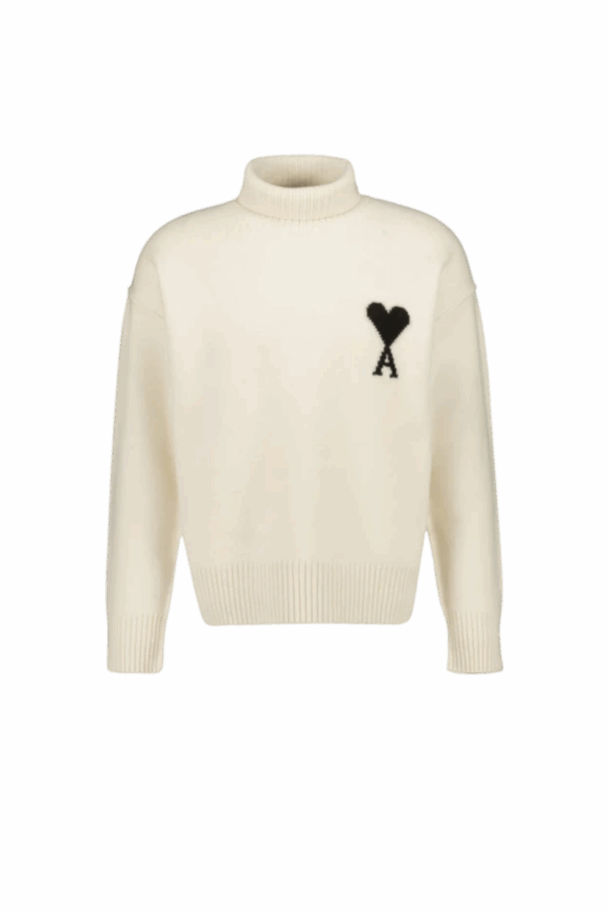 Pull Col Roulé Laine Écru Cœur Noir