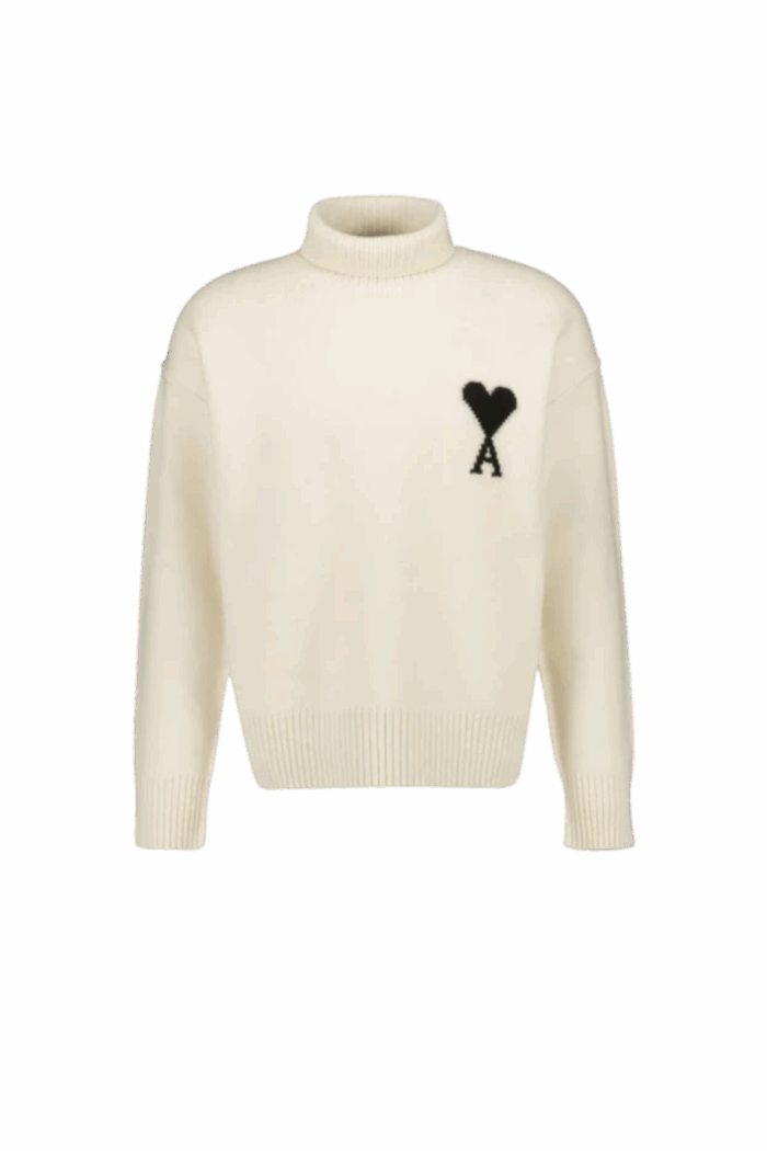 Pull Col Roulé Laine Écru Cœur Noir