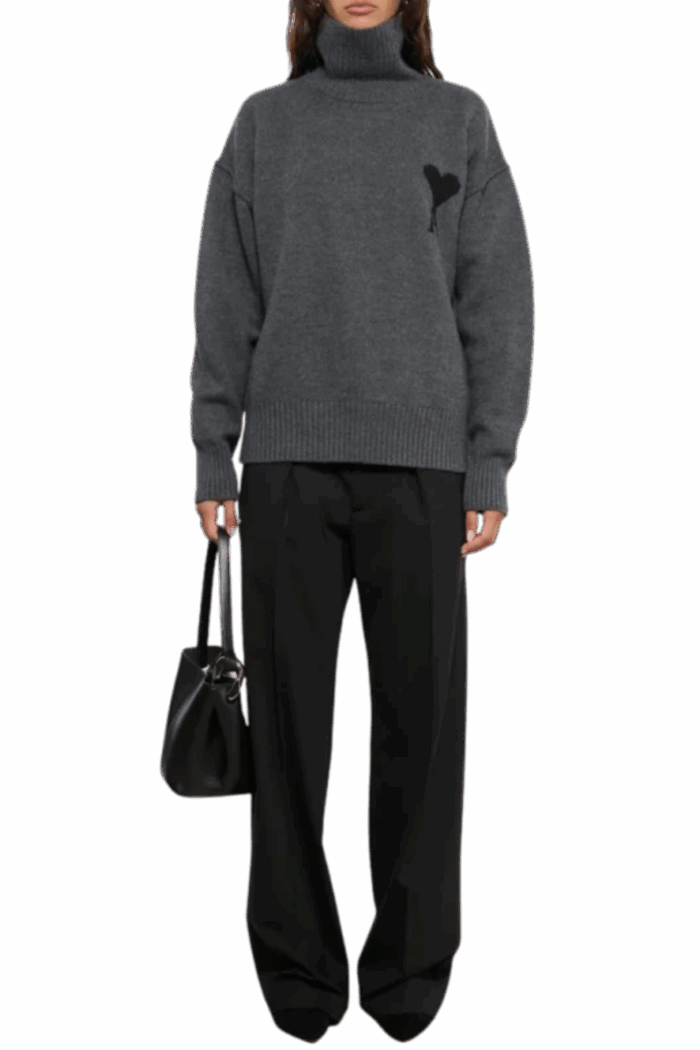 Pull Col Roulé Laine Gris Cœur Noir