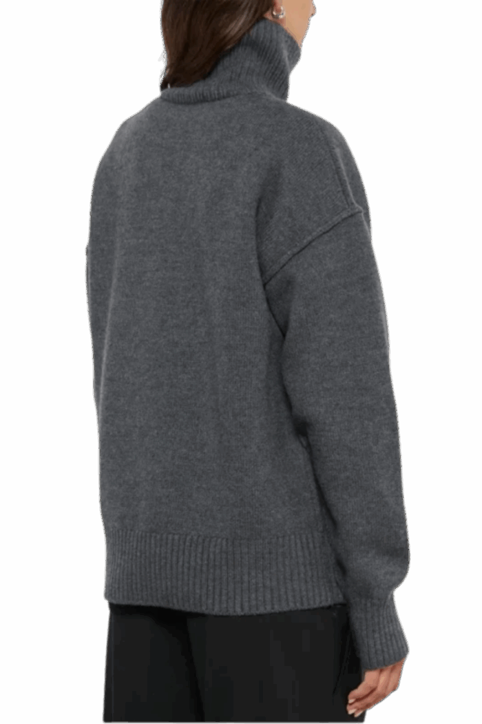 Pull Col Roulé Laine Gris Cœur Noir