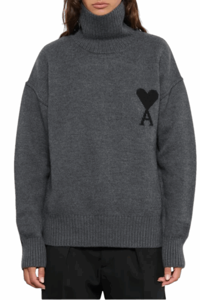 Pull Col Roulé Laine Gris Cœur Noir