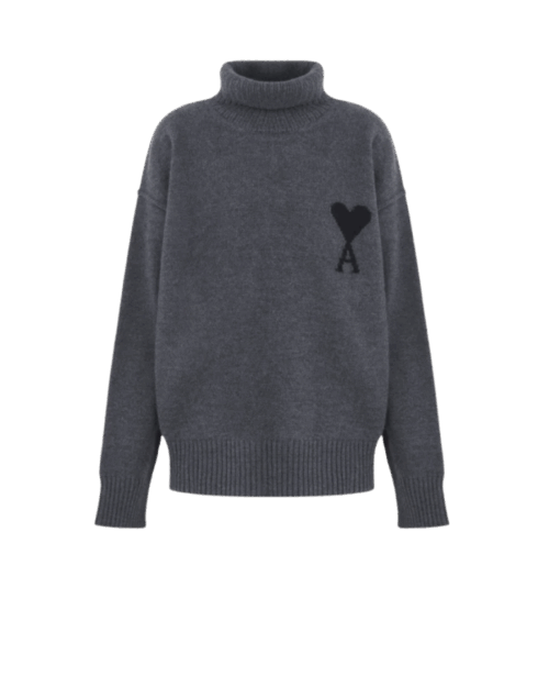 Pull Col Roulé Laine Gris Cœur Noir