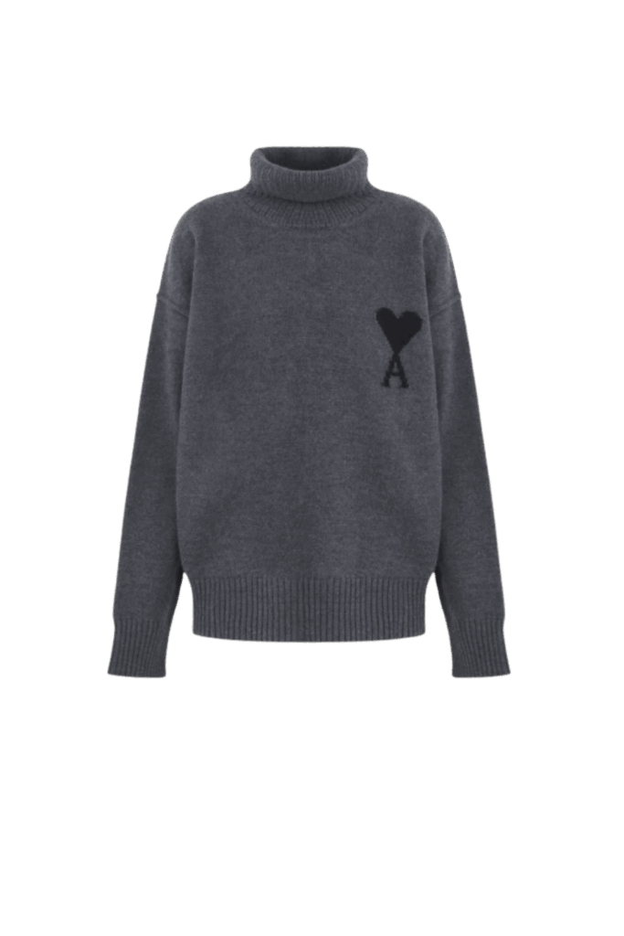 Pull Col Roulé Laine Gris Cœur Noir