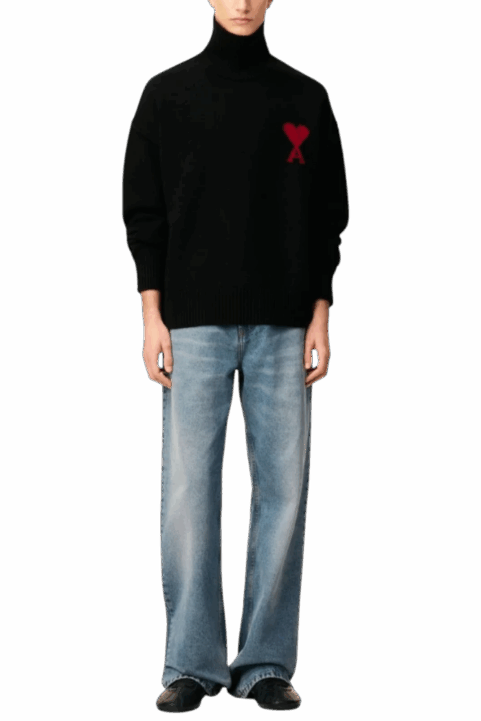 Pull Col Roulé Laine Noir Cœur Rouge
