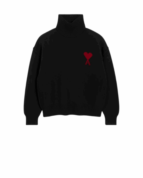 Pull Col Roulé Laine Noir Cœur Rouge
