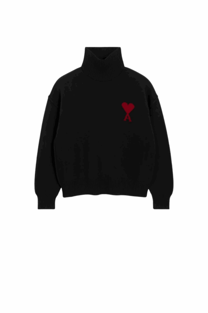 Pull Col Roulé Laine Noir Cœur Rouge