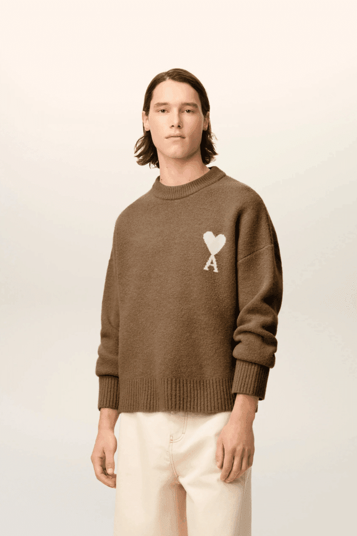 Pull Col Rond Alpaga Noisette Cœur Écru