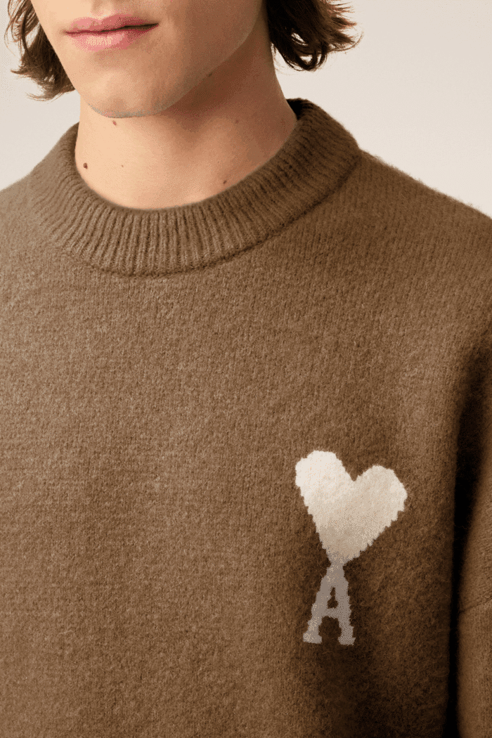 Pull Col Rond Alpaga Noisette Cœur Écru