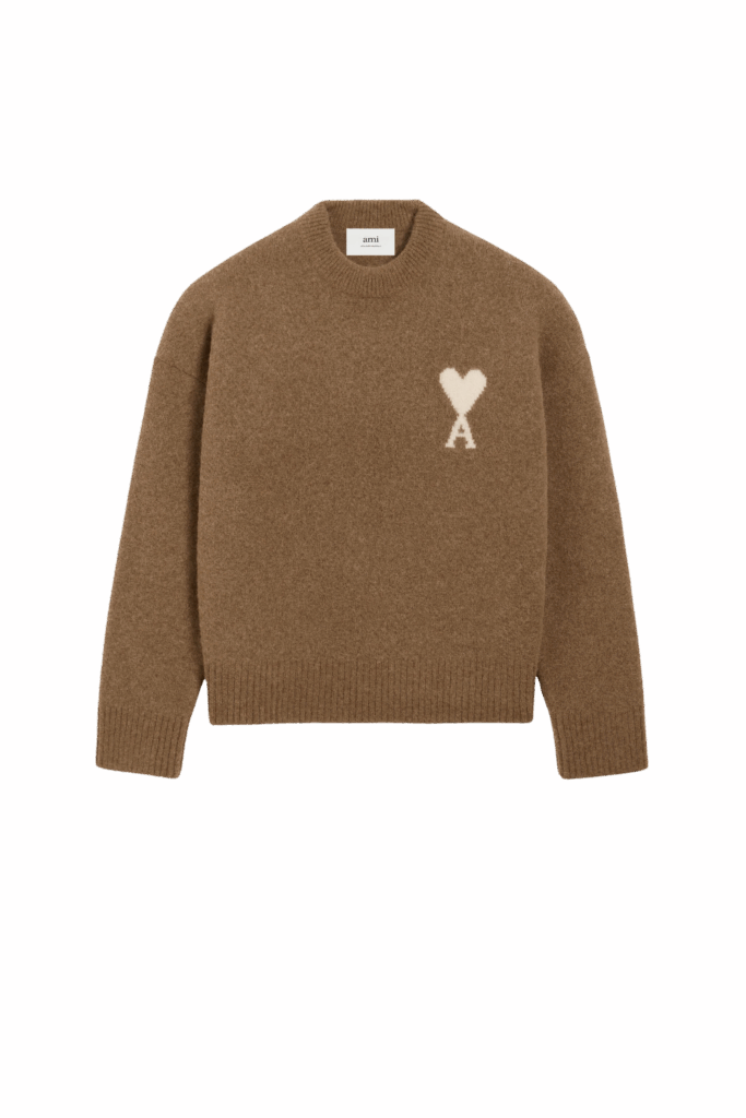 Pull Col Rond Alpaga Noisette Cœur Écru