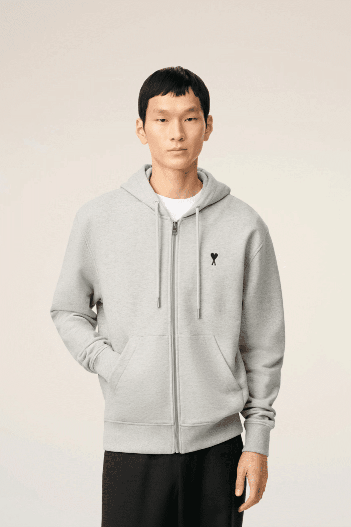 Hoodie Zippé Coton Gris Cœur Noir
