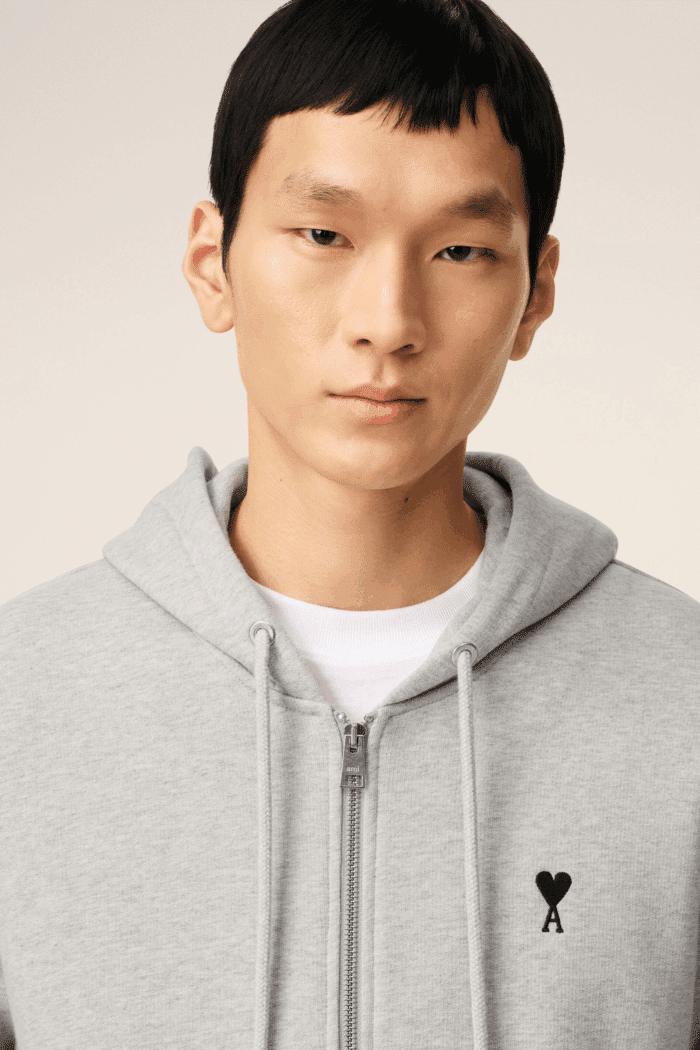 Hoodie Zippé Coton Gris Cœur Noir