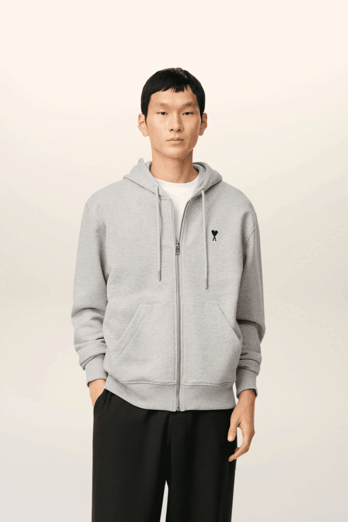 Hoodie Zippé Coton Gris Cœur Noir