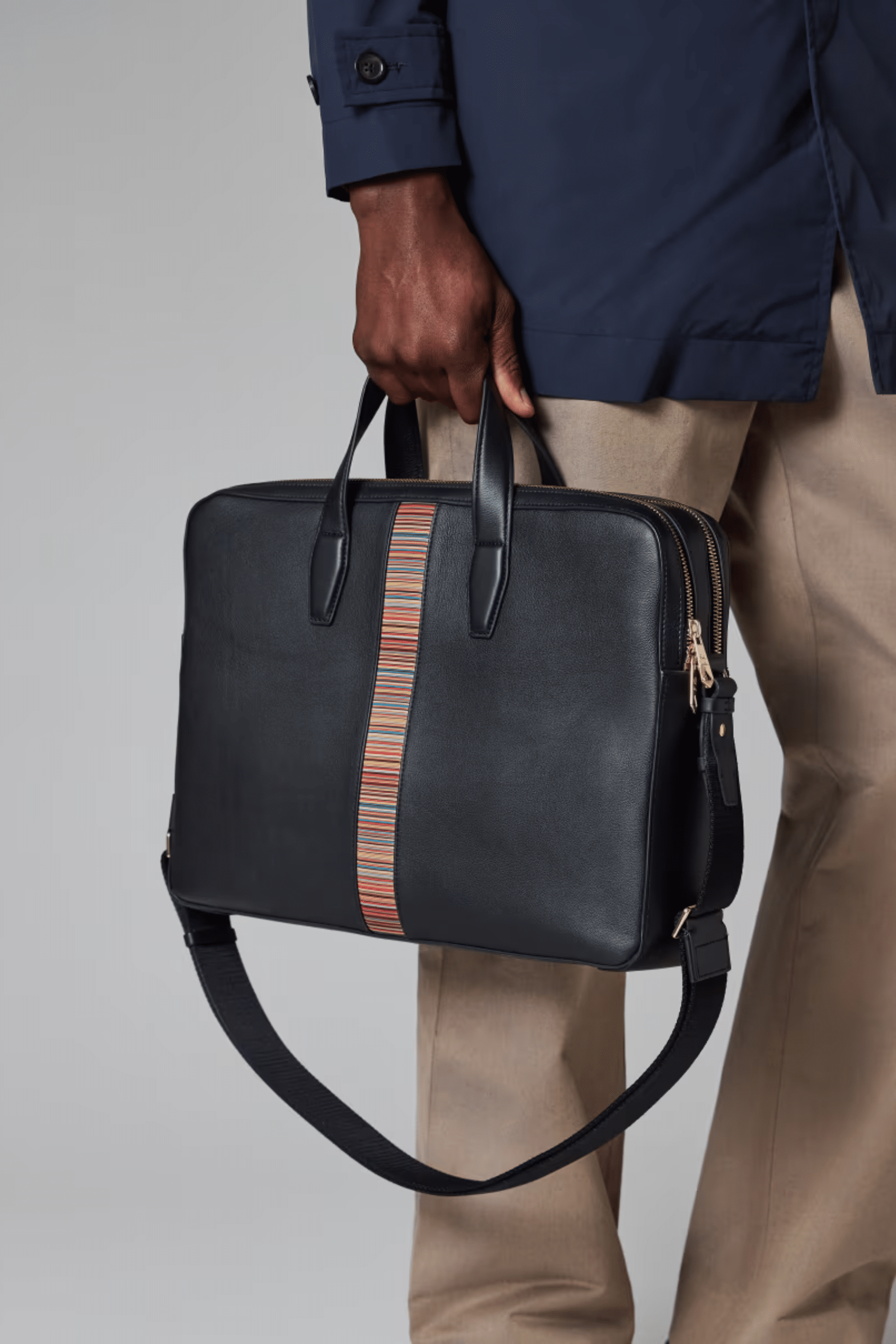 Pochette Double Zip Cuir Noir Stripes