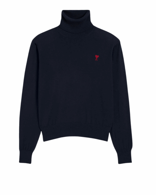 Pull col roulé marine cœur rouge