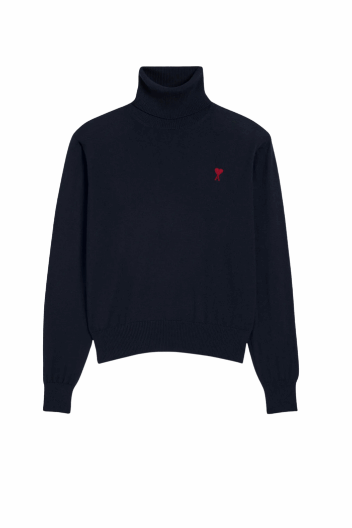 Pull col roulé marine cœur rouge