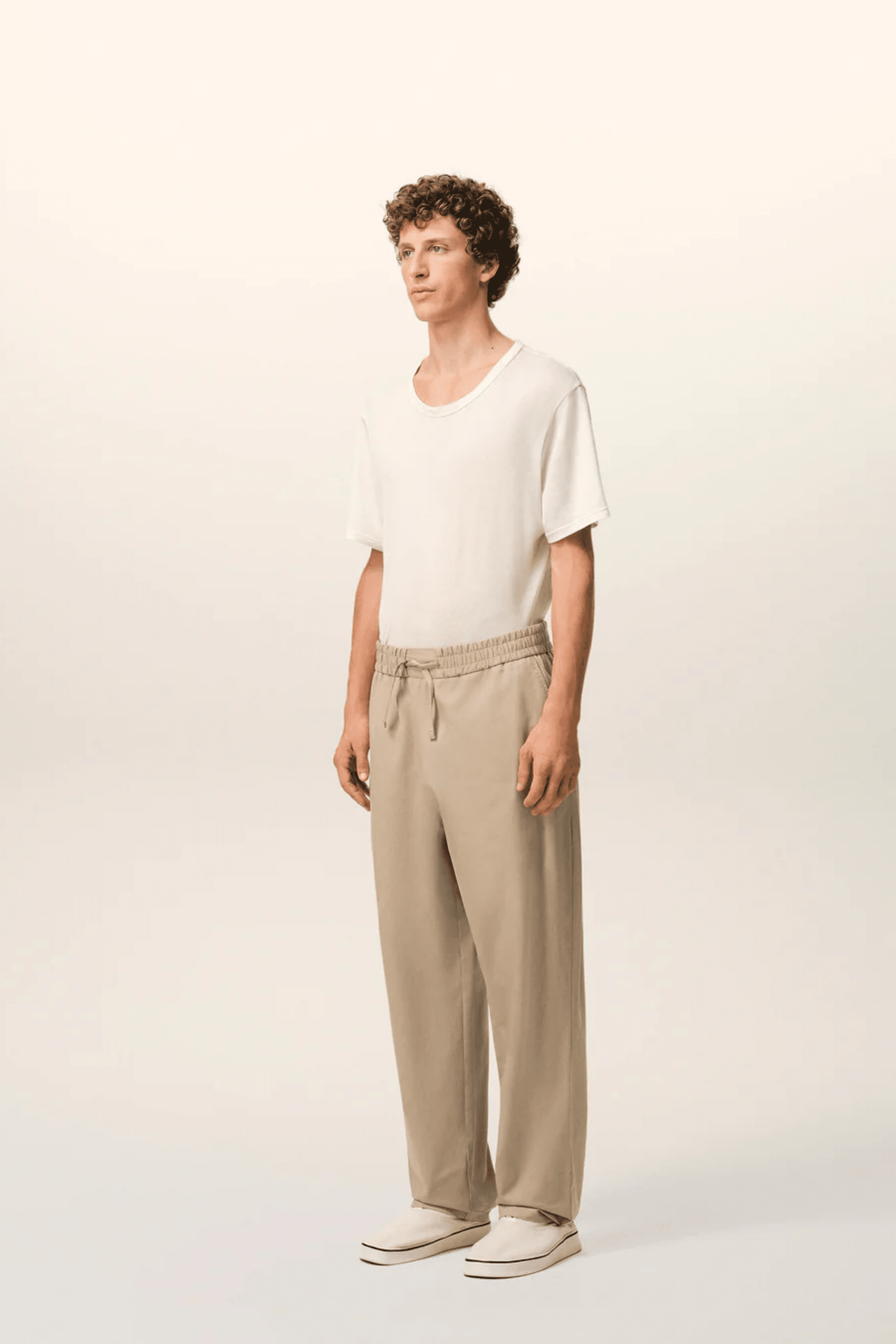 Pantalon Taille Élastiquée Coton Beige