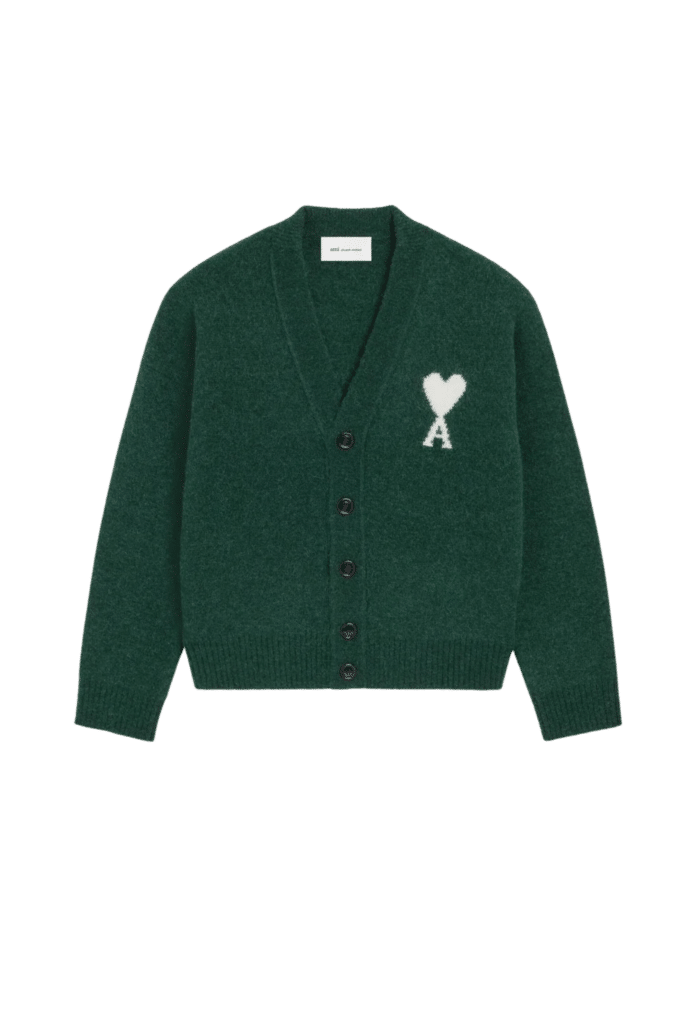 Cardigan Alpaga Vert Cœur Écru