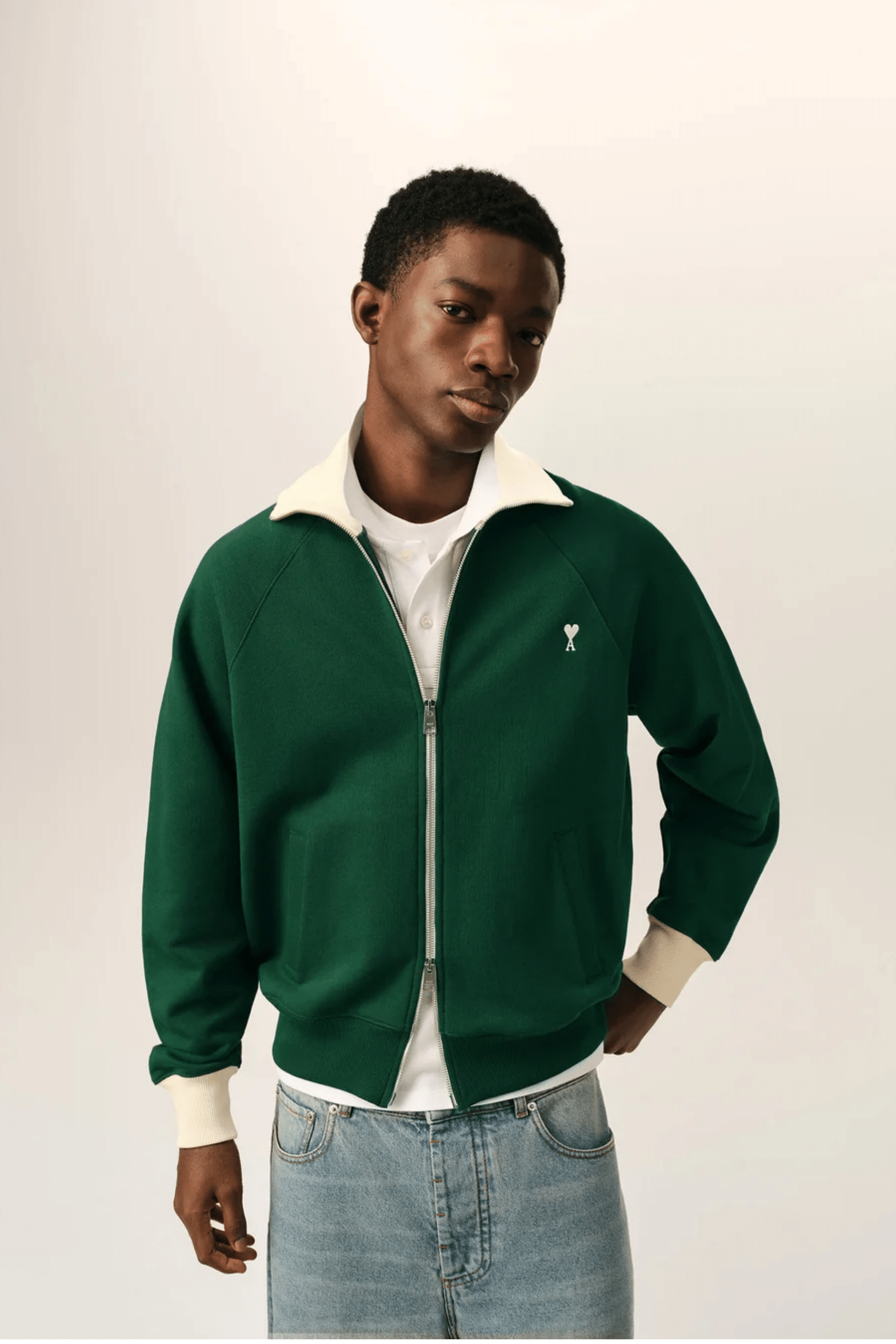 Sweat Zippé Vert Coton Cœur Crème