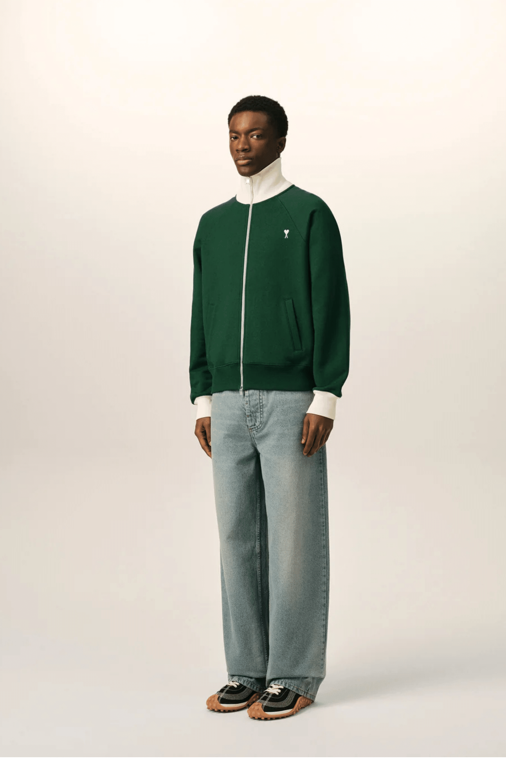 Sweat Zippé Vert Coton Cœur Crème