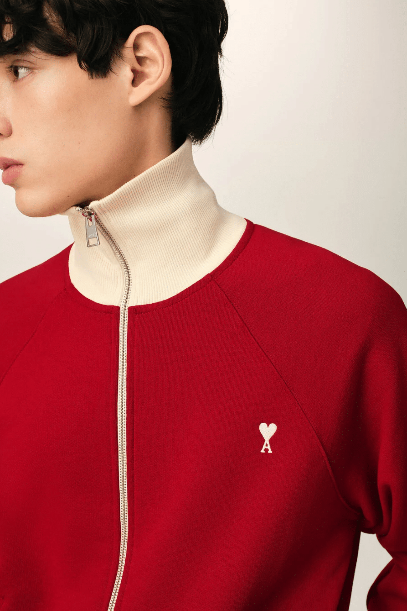 Sweat Zippé Coton Rouge Rubis Cœur Crème