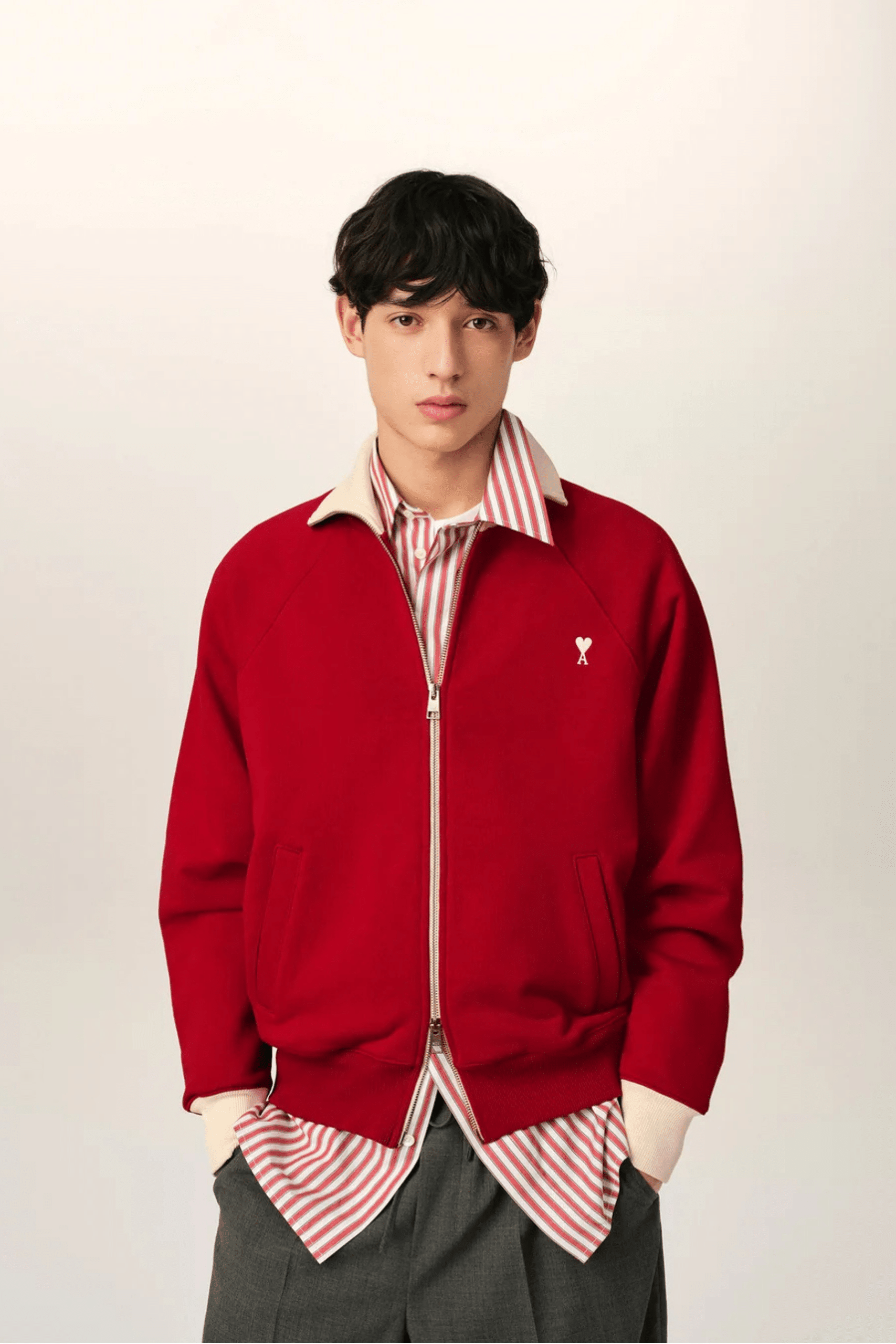 Sweat Zippé Coton Rouge Rubis Cœur Crème
