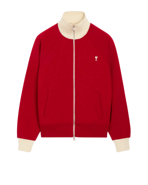 Sweat Zippé Coton Rouge Rubis Cœur Crème