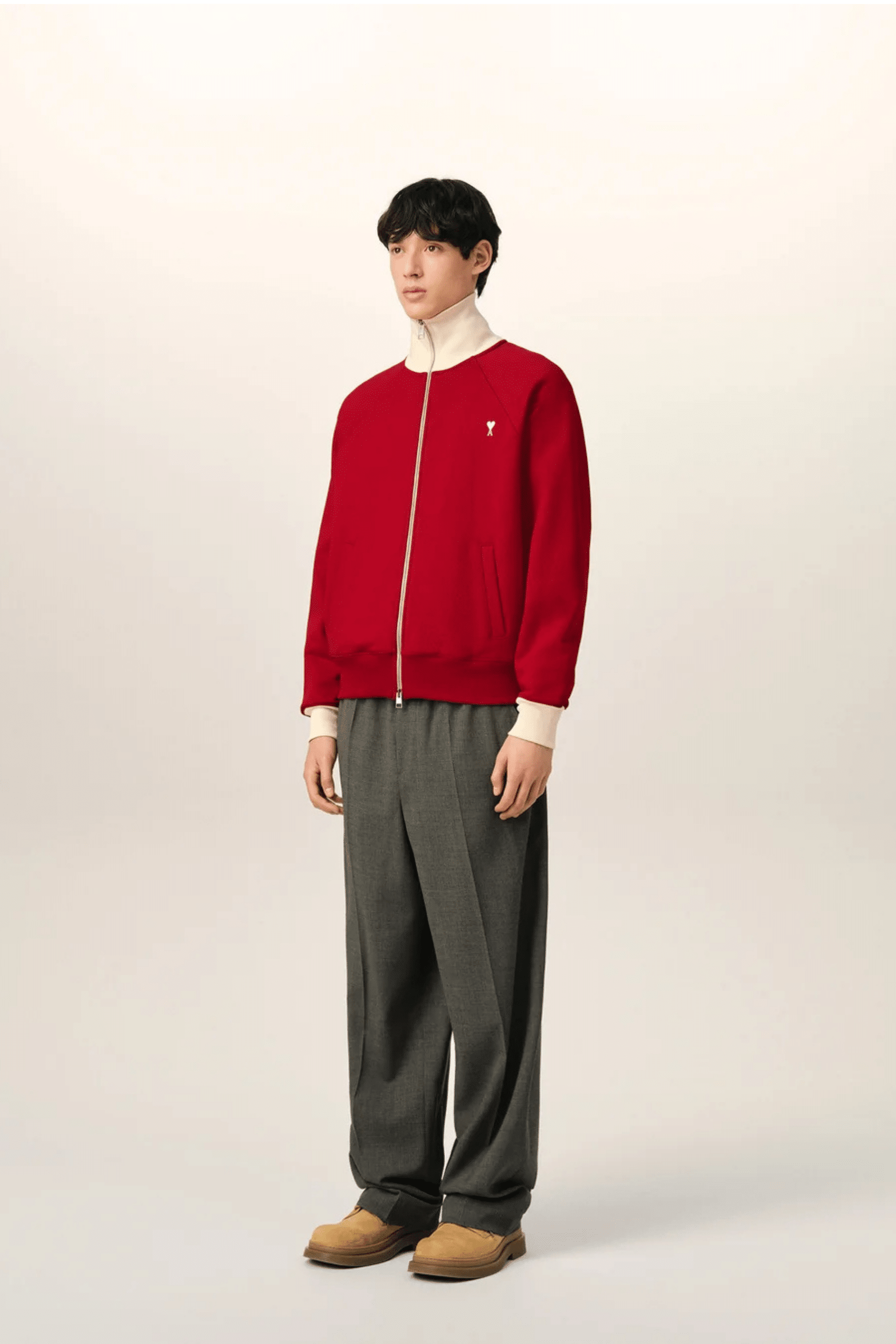 Sweat Zippé Coton Rouge Rubis Cœur Crème